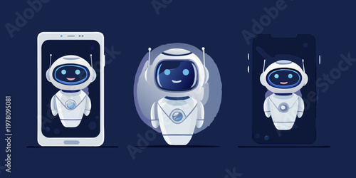Adorable robot characters displayed across multiple smartphone screens