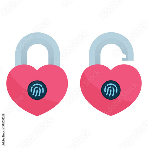 Heart shaped pink biometric fingerprint padlock icon for privacy and love security apps.