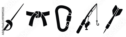 Sport and outdoor activity equipment icons featuring fencing sword, martial arts belt, climbing carabiner, fishing rod, and game dart for leisure and competition themed designs