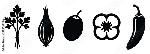 Monochrome kitchen ingredient silhouettes showcasing parsley, shallot, olive, bell pepper, and chili pepper, useful for cooking blogs, recipe content, and restaurant menu designs.