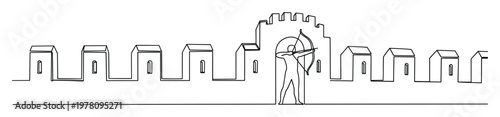 Continuous line drawing of an archer protecting a fortified castle wall with arrow and bow, perfect for security, historical, or strategy themed graphic resources