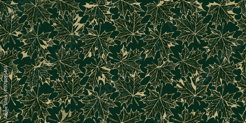 Seamless pattern of intricately detailed cannabis leaves in muted tones