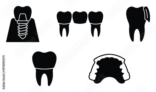 Diverse dental treatment and oral health symbols featuring a tooth implant, bridge, dentures, a chipped tooth, and a natural tooth for various healthcare media applications.