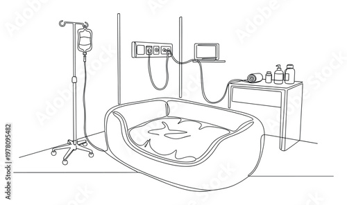 Essential birthing pool setup for a natural childbirth experience complete with an IV stand medical monitor and supplies in a prepared maternity room for healthcare and pregnancy resources