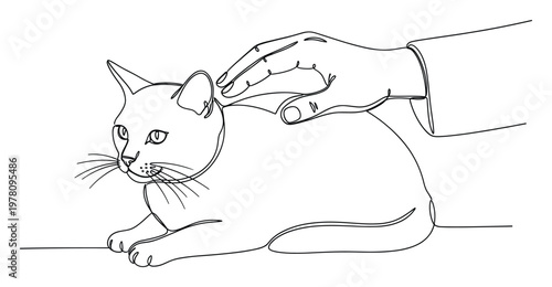 Continuous line art depicting a gentle human hand affectionately petting a relaxed domestic cat, symbolizing themes of animal companionship, care, and comfort for various lifestyle and