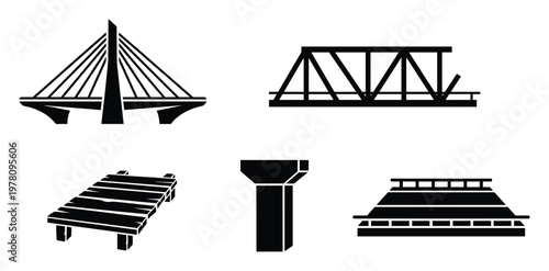 Collection of diverse bridge types and structural components showcasing civil engineering infrastructure for architectural diagrams or construction planning