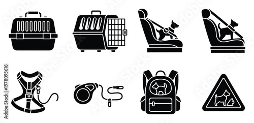 Comprehensive collection of pet travel and safety glyph icons, perfect for illustrating product features, user guides, or informational articles about responsible animal care and