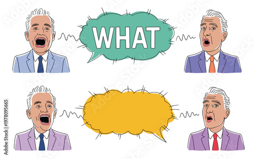 Four Men in Suits Expressing Surprise and Confusion with Speech Bubbles Isolate PNG
