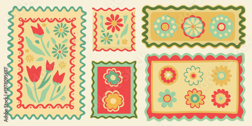 Colorful floral rug designs with decorative borders in a vintage style