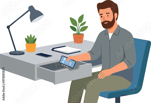 Man sitting at desk working on tablet with lamp and plants nearby indoors