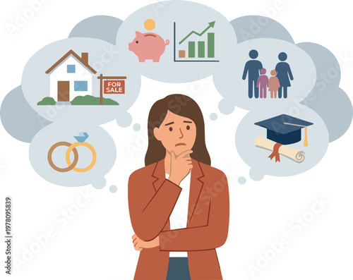 Woman thinks about future goals including education, career, home, marriage and finance.