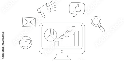 Continuous one line drawing of analytics dashboard with icons. Line art style. Draw thin linear width. Editable stroke vector illustration