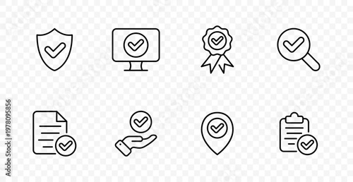 Verification approval set icon. Secure shield, approved screen, quality badge, checked search, validated document, trusted hand, location approval, checklist