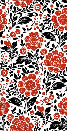 Vector decorative monochrome pattern with flowers. Tracery blossom texture. Slavic ornament with red flowers and black leaves for wallpaper, fabric, and wrapping paper.