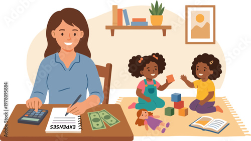 Woman sitting at a desk with children playing blocks on the floor nearby