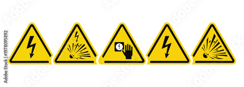 Electrical Hazard and Danger Warning Symbols Vector Set with High Voltage, Fire, Biohazard, and Safety Pictograms