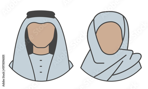 Icons of arabic man and woman. Saudi Emirates people illustration. Nacional dress muslim male and female custumers. Vector