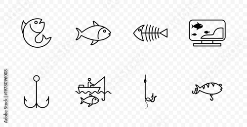 Fishing set icon. Fish, skeleton, aquarium screen, anchor, angler boat, hook, lure, freshwater sport, catch, tackle, hobby, nature activity