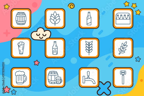 Brewery beverage set icon. Wooden barrel, hop leaf, beer bottle, crate pack, foam glass, alcohol bottle, wheat ear, barley branch, beer mug, keg barrel, tap faucet, opener tool