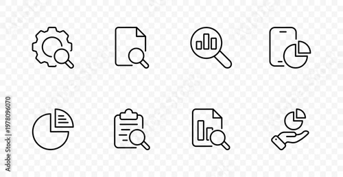 Analytics research set icon. Process gear, document search, data magnifier, mobile report, pie chart, checklist review, statistics file, insight analysis