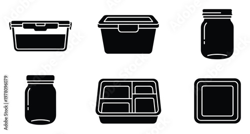 Various kitchen food storage containers and jars vector icons for meal preparation organization and home pantry management applications
