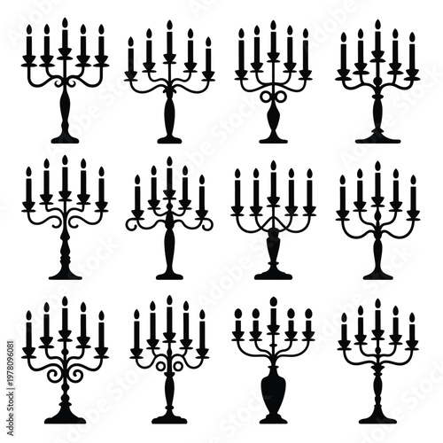 A collection of various candelabras on a white background