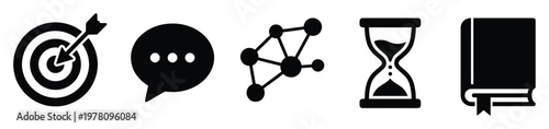 Goal target, chat communication, system network, time hourglass, and knowledge book vector icons, useful for business, education, presentations, infographics, and application interfaces.