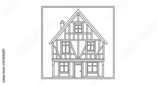 Traditional Half-Timbered House Facade Drawing, European Architecture Style