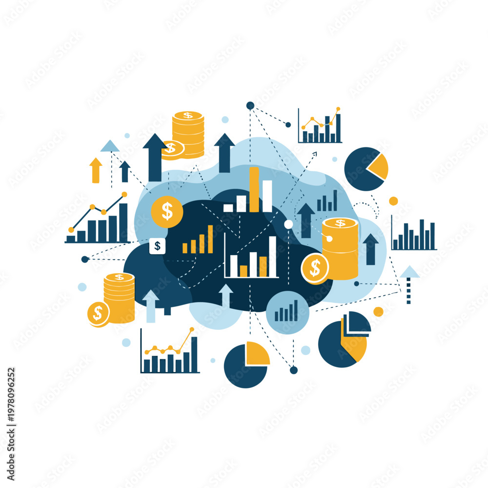 Obraz premium Financial growth and investment analysis, abstract data visualization with charts and money