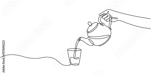 Continuous line sketch drawing of hand pouring a jug tea pot jar of fresh milk juice into glass. advertisement one single line art concept vector illustration editable stroke