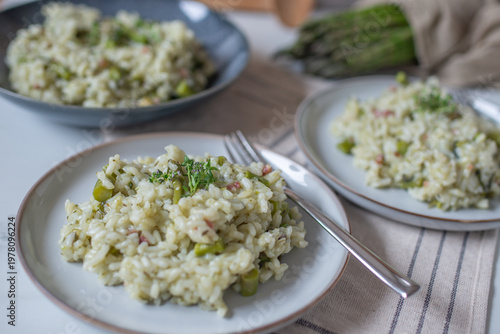 Spring food; Delicious risotto with asparagus and wild garlic