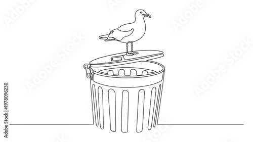 Continuous line drawing of a curious seagull perched on an open trash can lid, perfect for depicting urban wildlife interactions and environmental issues in graphic designs.