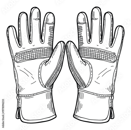 Pair of durable protective work gloves with a classic handdrawn aesthetic perfect for industrial safety guides, manual labor equipment showcases, or gardening project visuals