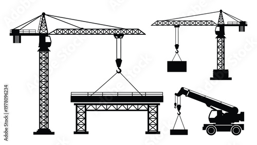 Set of heavy machinery silhouettes featuring tower and mobile cranes actively lifting beams and blocks, ideal for construction industry graphics and engineering project visuals.
