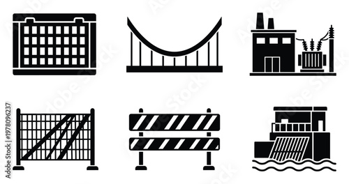 Essential infrastructure glyph icons representing construction barriers, power plant, suspension bridge, dam, and calendar, ideal for engineering project graphics and public utility