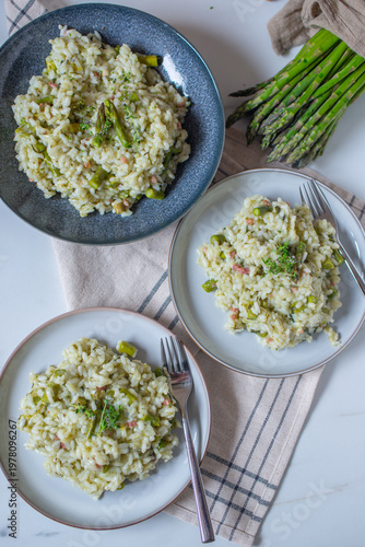 Spring food; Delicious risotto with asparagus and wild garlic
