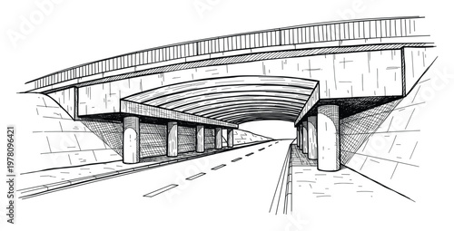 Hand drawn sketch of a highway road passing underneath a concrete overpass bridge structure, ideal for illustrating urban infrastructure, transportation concepts, or architectural planning