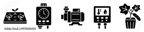 Essential smart gardening technology equipment glyph icons representing automated irrigation systems, plant monitoring devices, and cultivation tools for agricultural guides
