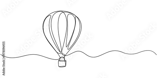 Hot Air Balloon in one continuous line drawing, Minimalist black linear design isolated on white background, concept in simple linear style. Editable stroke. Doodle vector illustration.