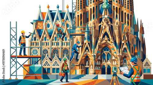 Workers constructing large ornate building.