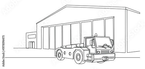 Airport tug vehicle parked in front of large aircraft hangar building, ideal for aviation industry presentations, engineering blueprints, transportation logistics, and specialized equipment