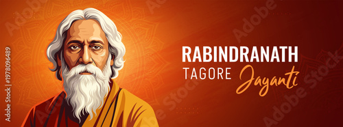 Rabindranath Tagore Jayanti Wide Banner with Dark Artistic Background