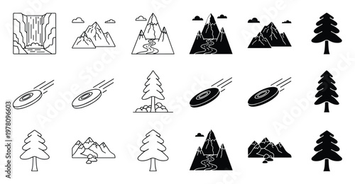 Outdoor adventure nature landscape and sporting activity icon collection for environmental protection and recreational branding applications