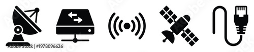 Communication and networking technology icons with satellite dish, data server, wireless signal, space satellite, and ethernet cable for digital connectivity and infrastructure concepts