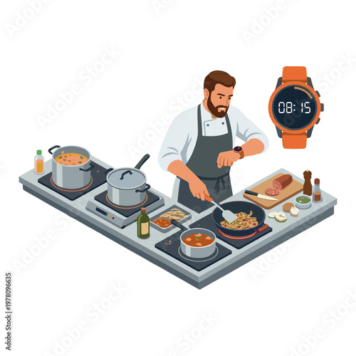 A chef prepares food on a kitchen counter with pots and a smartwatch.