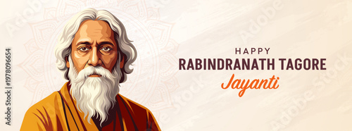 Rabindranath Tagore Jayanti Banner with Warm Orange Cultural Background