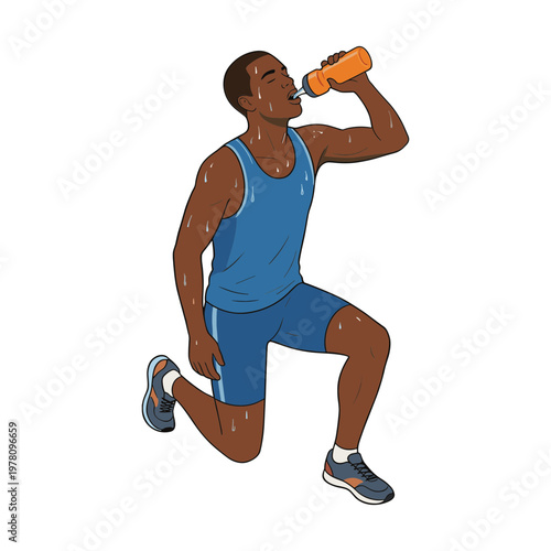 Man drinking from a bottle while exercising outdoors in fitness gear