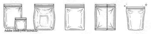 Hand drawn sketch empty flexible packaging pouches featuring different stand up bags with zipper closures ideal for food product mockups and retail graphic design projects