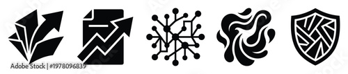 Collection of business and technology vector icons depicting growth arrows, data analysis, complex networks, abstract fluid shapes, and robust security shields for corporate projects.