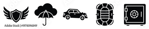 Various insurance protection glyph icons symbolizing comprehensive coverage for property, vehicles, and weather risks, suitable for financial services marketing materials